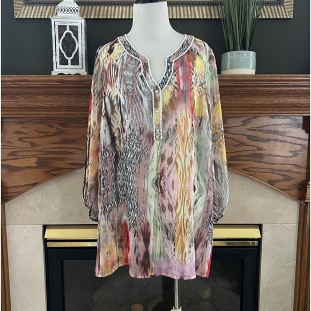 V Cristina Women's Semi Sheer Rhinestone Pullover Cover Up Blouse Sz. 2X
